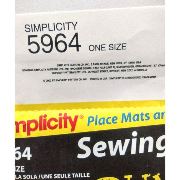 Simplicity Pattern 5964 Sewing Patterns for Dummies Place Mats Runners 2002 Uncu - Picture 8 of 11